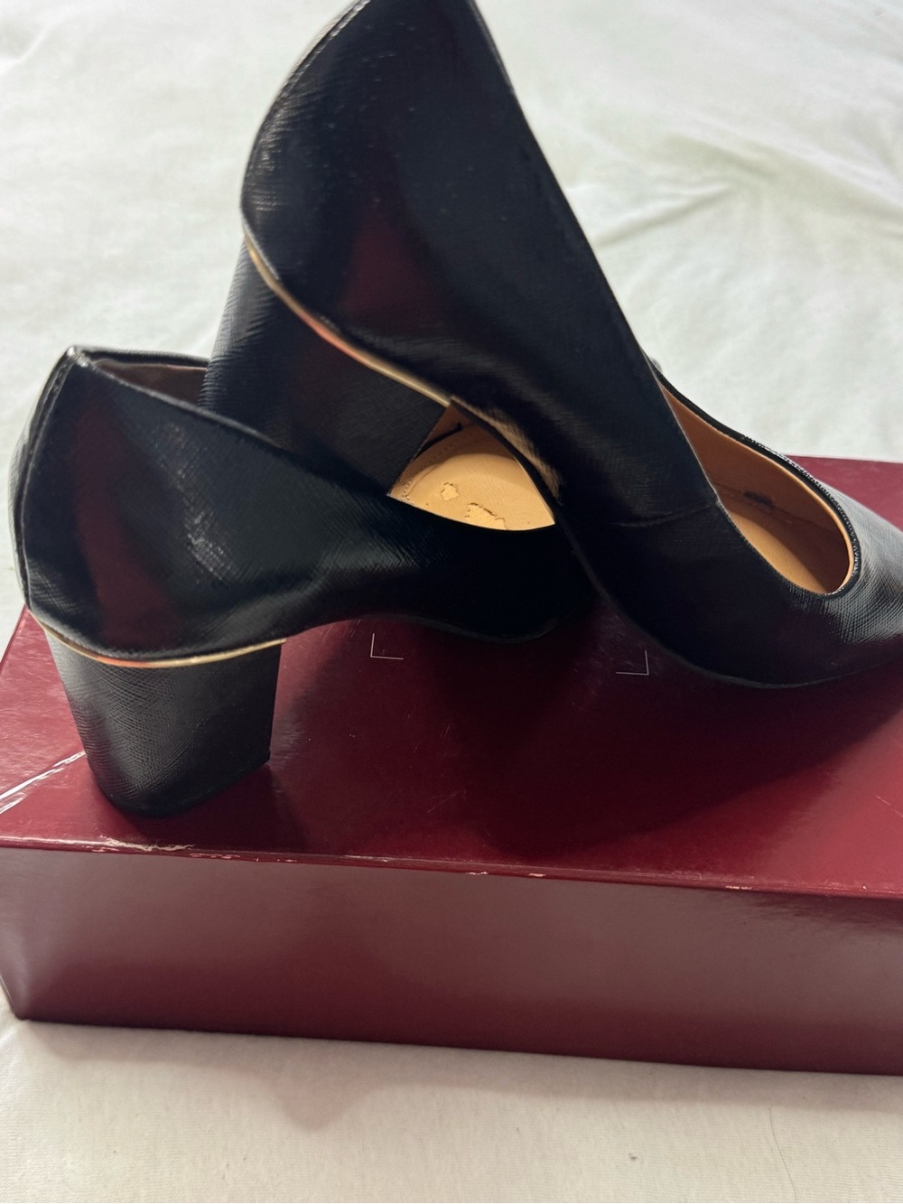 Native Shoes Black Block Heel Pointed Pumps with Gold Accent